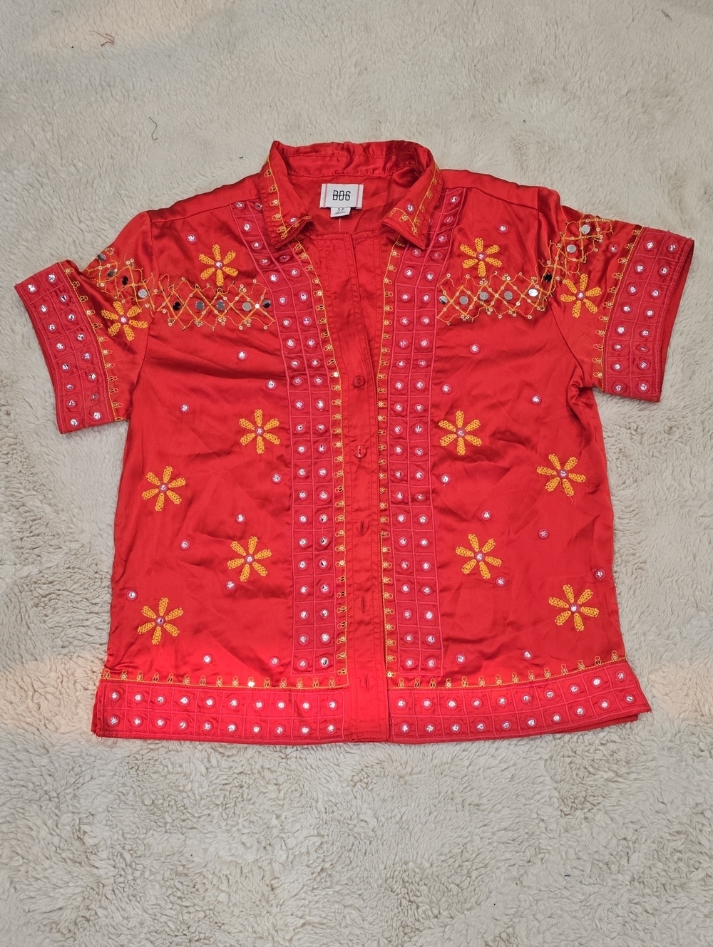 BDG Red Short-Sleeve Embroidered Button-Down Shirt